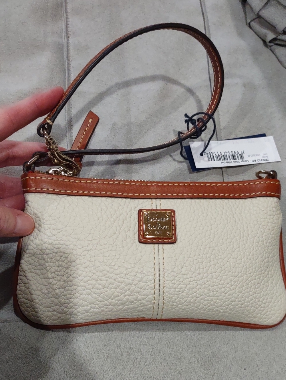 Dooney & Bourke Cream Bone Pebble Leather Wristlet with Tan Trim Large Wristlet